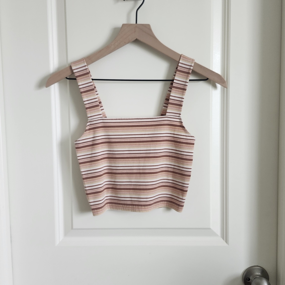 American Eagle Outfitters Cream and Orange Fitted Crop Tank Top